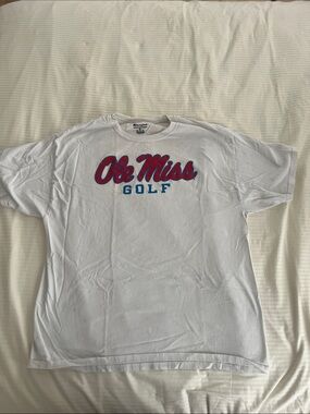 Champion White Ole Miss Golf Tee with Red and Blue Script